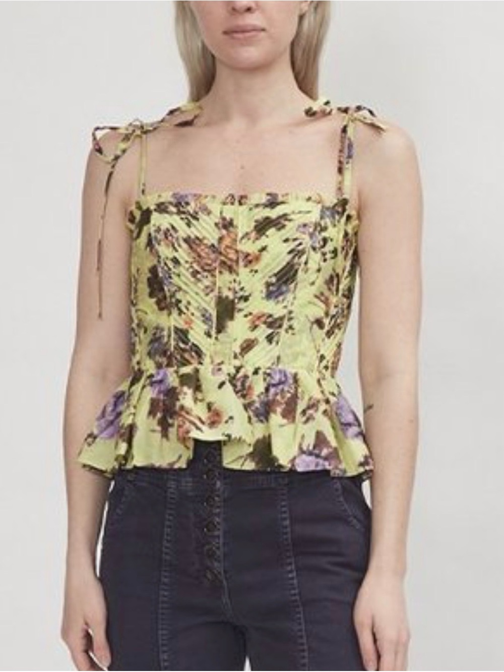 Ulla Johnson Lime Floral Tie-Shoulder Peplum Bustier Top - Picture 1 of 5